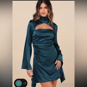 Teal Satin Dress with Bell Sleeves
